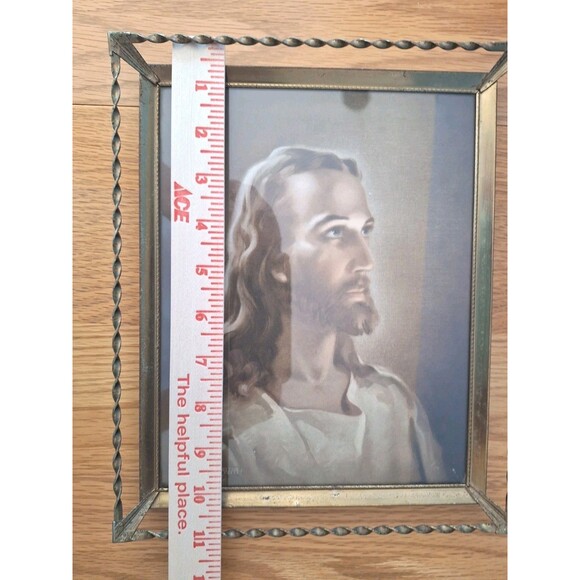 Vtg Jesus 1941© Sallman 8x10 Print w Glass 1950s Goldtone Twisted Steel Frame - Picture 3 of 11
